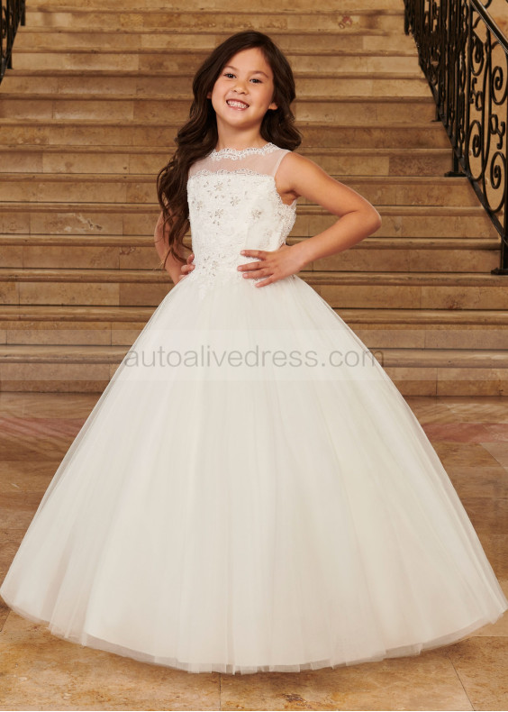 Beaded Ivory Lace Tulle Keyhole Back Stunning Flower Girl Dress